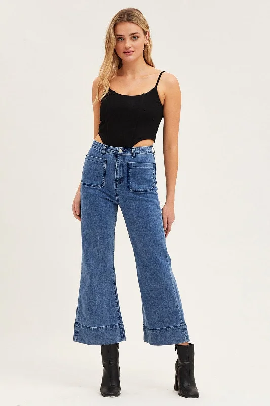 Blue Denim Jeans High Rise Wide Leg Pocket Comfortable Ankle Jeans