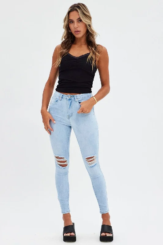 Blue Skinny Denim Jeans High Rise Trendy Patchwork Denim Jeans