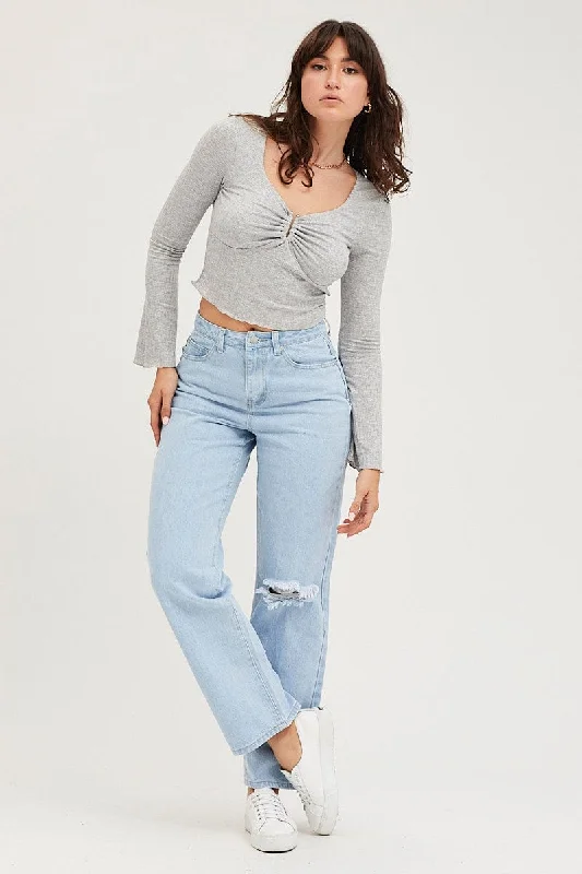 Blue Wide Leg Denim Jeans High Rise Classic Blue Denim Jeans