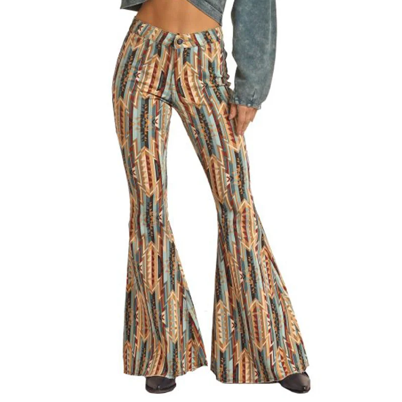 Rock & Roll Aztec Women's Bell Bottom Jeans-Tan's/Blue's Trendy Paperbag Waist Jeans