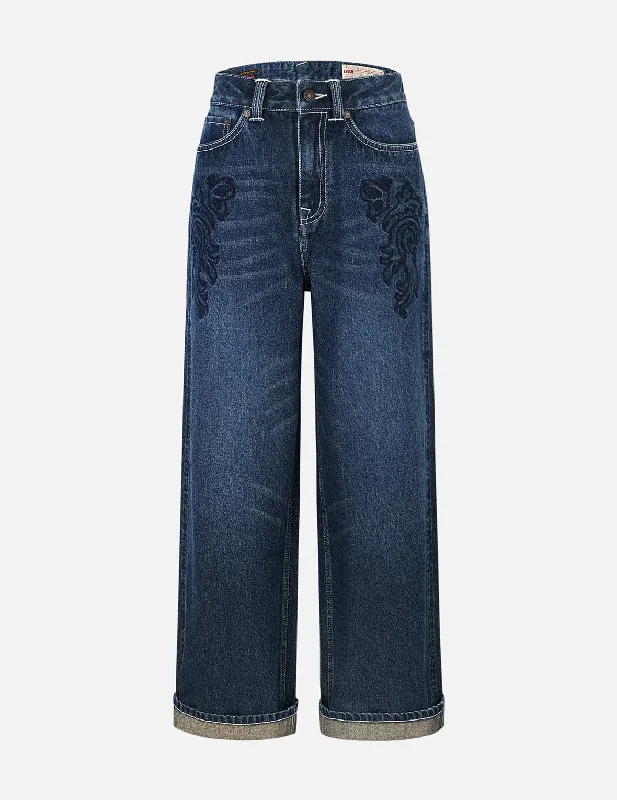 Butterfly and Seagull Embroidery Wide-leg Jeans Fashionable Cropped Denim Jeans