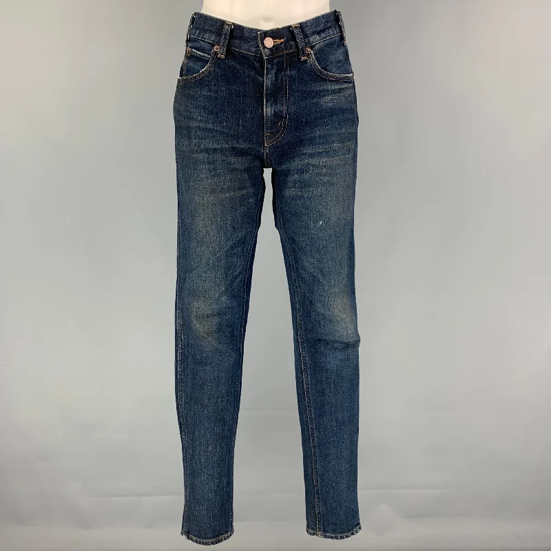 CELINE Size 26 Dark Blue Cotton Slim Patch Jeans Stylish High-Waist Skinny Denim