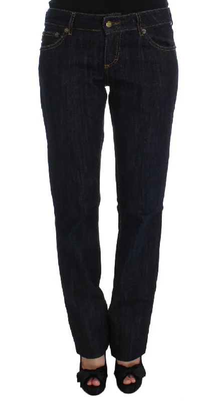 Chic Blue Straight Fit Designer Jeans Comfortable Folded Hem Jeans