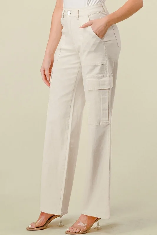 ELENA HIGH WAISTED CARGO JEANS - IVORY Trendy Layered Pocket Jeans