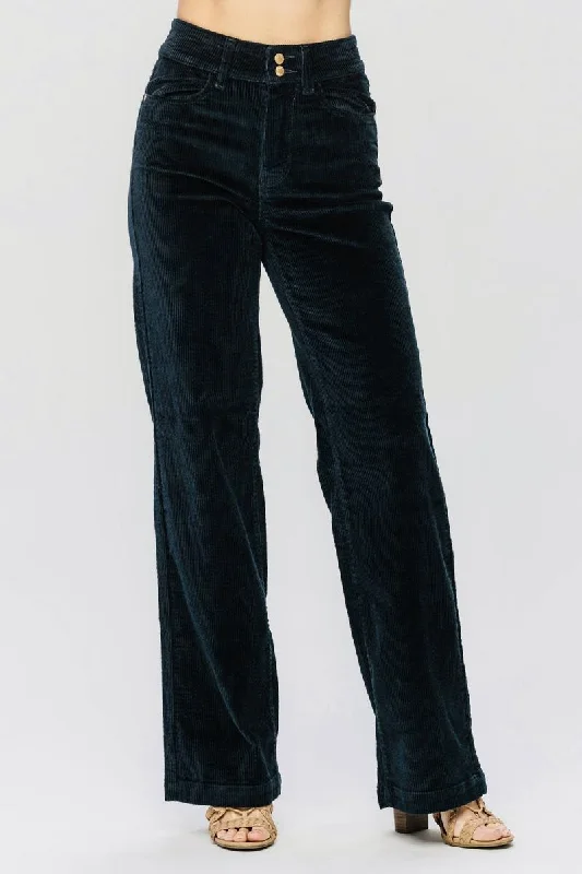 Judy Blue High Waist Emerald Corduroy Wide Leg Jeans Stylish Paperbag Waist Denim