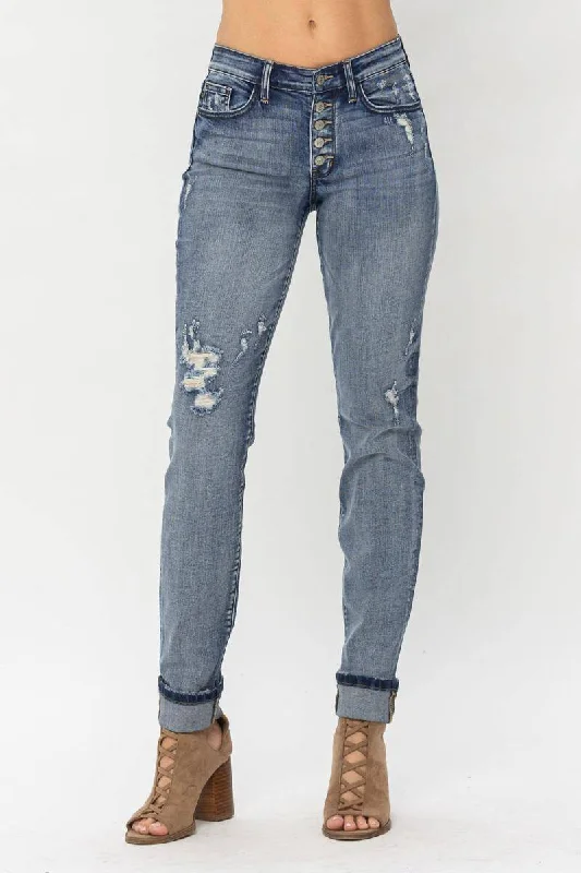 Judy Blue Mid-Rise Button Fly Contrast Wash Cuffed Boyfriend Jeans Comfortable Stretch Denim Jeans