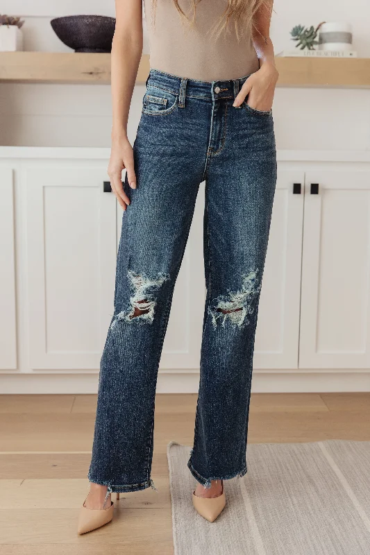 Judy Blue Rose High Rise 90's Straight Jeans in Dark Wash Casual Bootcut Ripped Jeans