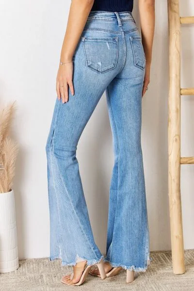 Kancan ROSECRANS Mid Rise Raw Hem Flare Jeans Chic Vintage-Inspired Denim Jeans