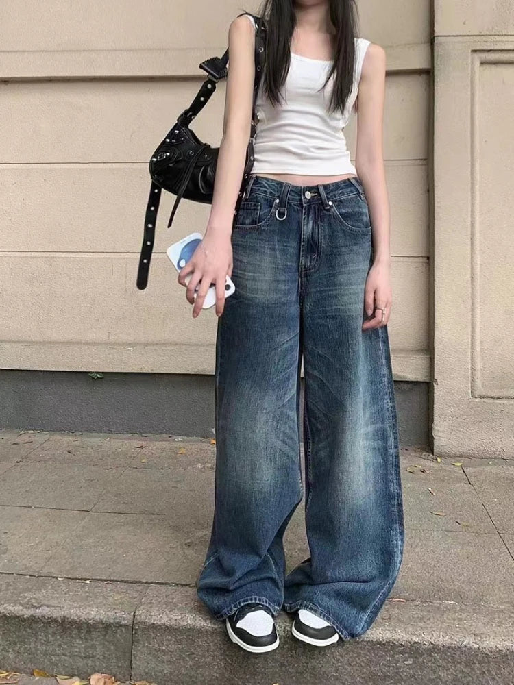 DressBetty - 2024 Korean Streetwear Y2K Gyaru Acubi Fashion Baggy Jeans Stylish Stone-Wash Denim Jeans