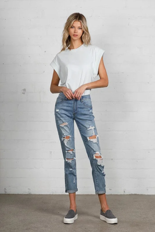 Mid Rise Heavy Destroyed Jeans Chic Rolled Cuff Denim Jeans