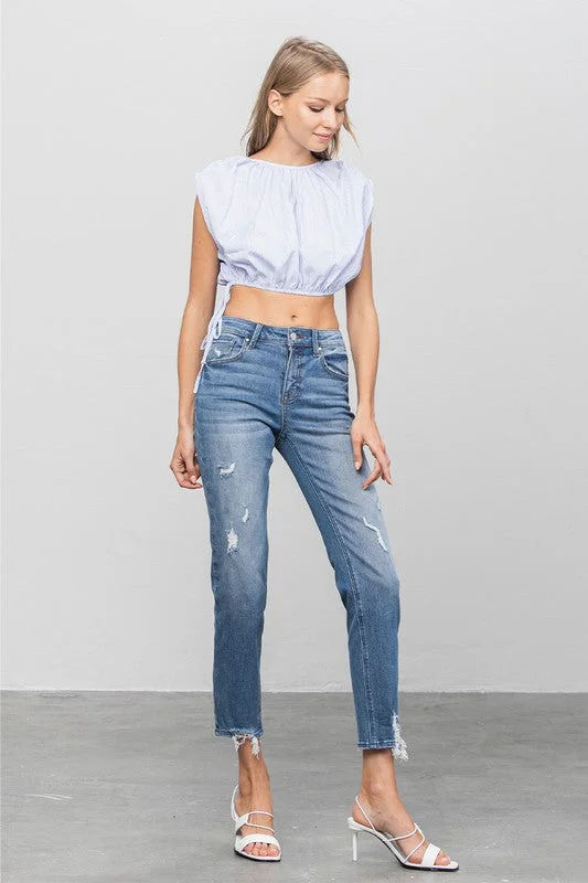 Mid Rise Slim Girlfriend Jeans Chic Double Waistband Jeans