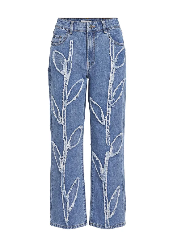 Object Fray Leaf Design Straight Leg Jeans, Medium Blue Denim Stylish High-Waist Jeans