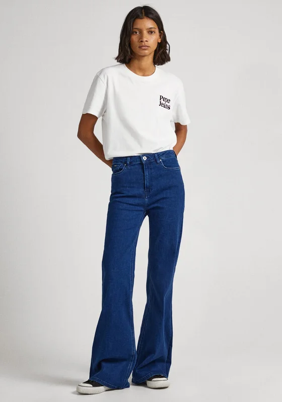 Pepe Jeans Willa High Rise Flare Jeans, Blue Denim Stylish Relaxed Fit Skinny Jeans