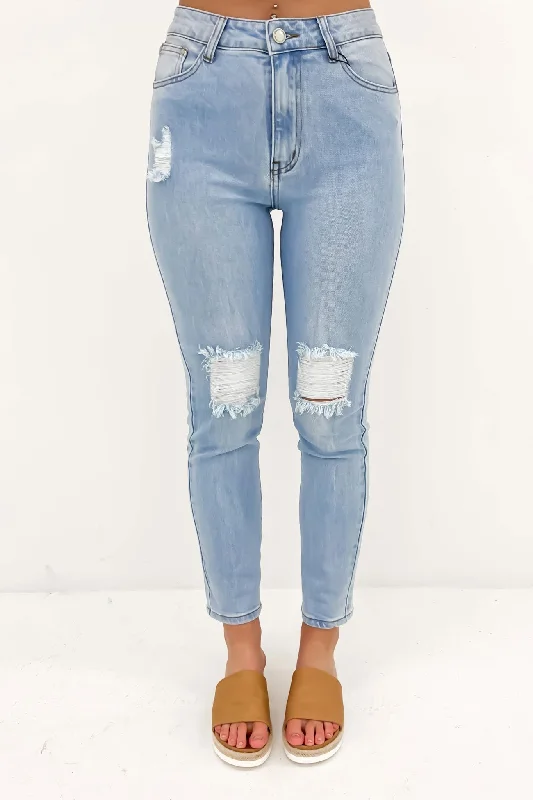 Rhys Ripped Mom Jean Light Blue Trendy Pleated Waist Jeans