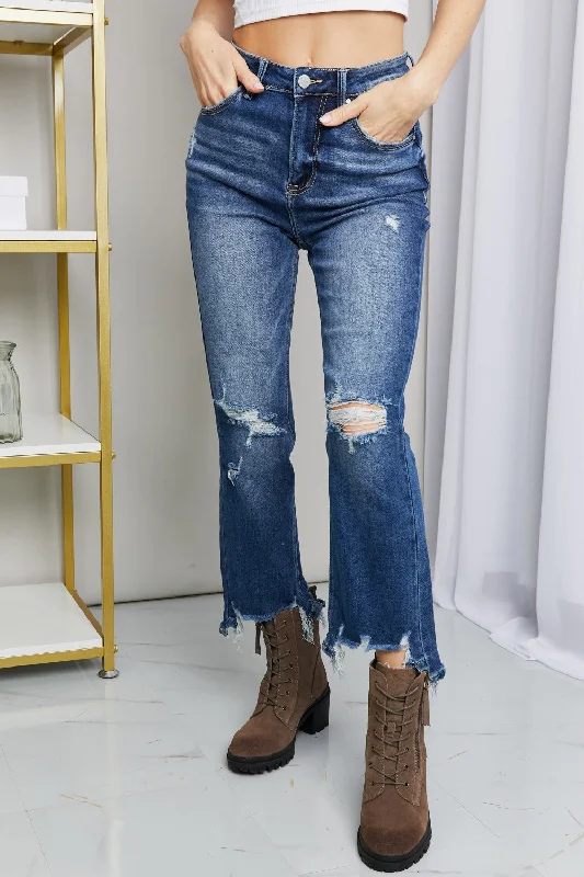 RISEN Frayed Hem Distressed Cropped Jeans Elegant Wide-Leg Jeans