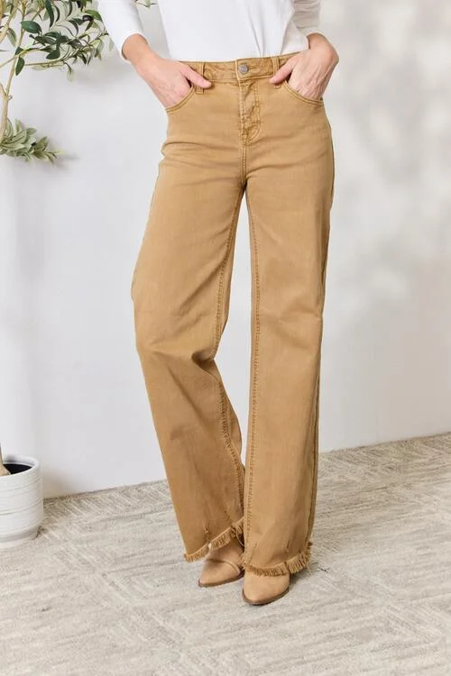 RISEN Fringe Hem Wide Leg Jeans Casual Skinny Fit Jeans