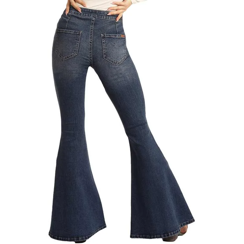 Rock & Roll Denim High Rise Stretch Flare Leg Jeans Elegant Raw Hem Jeans