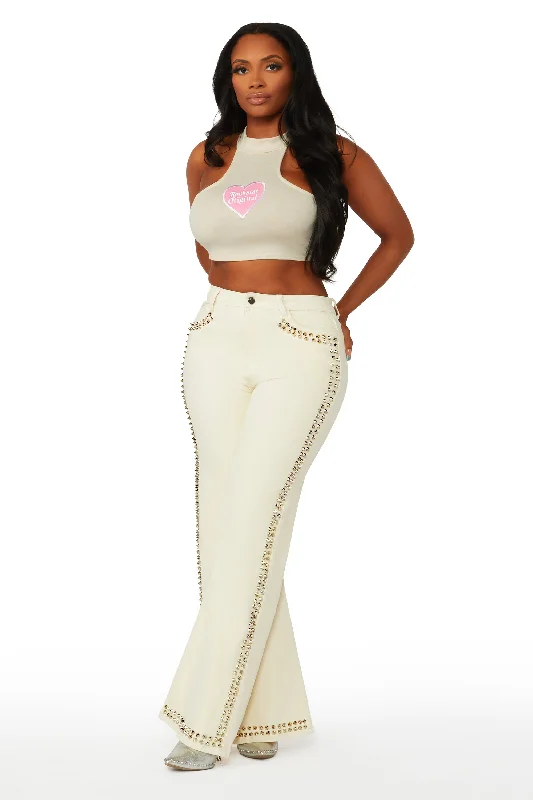 Leila Beige Studded Wide Leg Jean Stylish Slim Fit Denim