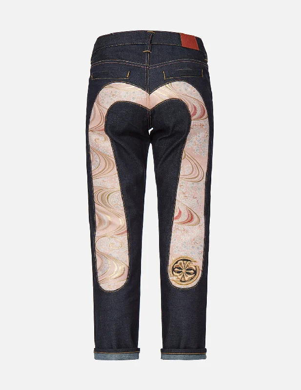 Sakura-pattern Brocade Daicock Insert Boyfriend Jeans Comfortable Zip-Up Skinny Jeans