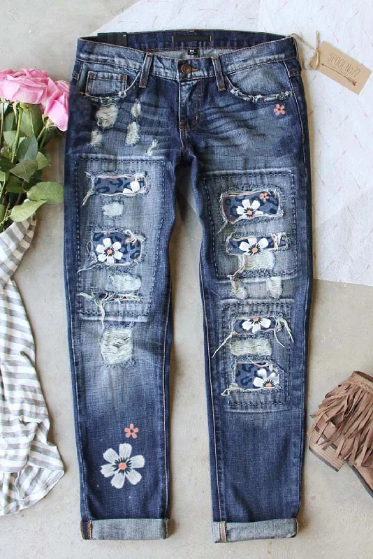 Sky Blue Floral Leopard Print Patchwork Distressed High Waist Jeans Comfortable Boyfriend Jeans