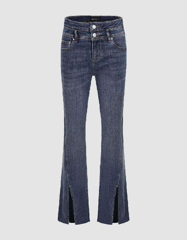 Split Hem Flare Jeans Trendy Button-Up High-Waist Jeans