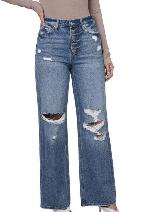 Super High Rise Wide Leg Button Fly Distressed Jeans Stylish Bootcut Denim Jeans