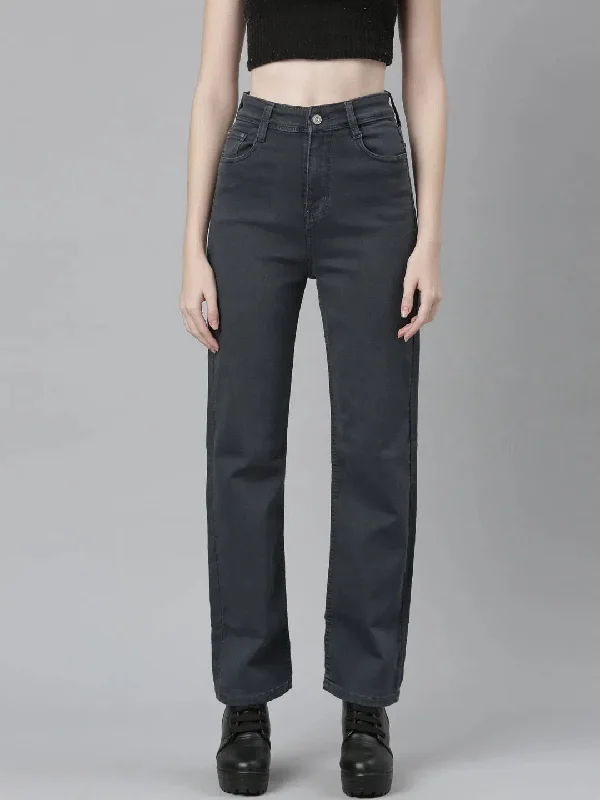 Women Grey Denim Jeans-GZ-5253-Grey Elegant High-Waisted Flared Jeans