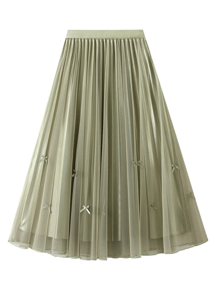 MESH PLEATED BOW SKIRT leather skirt sleek