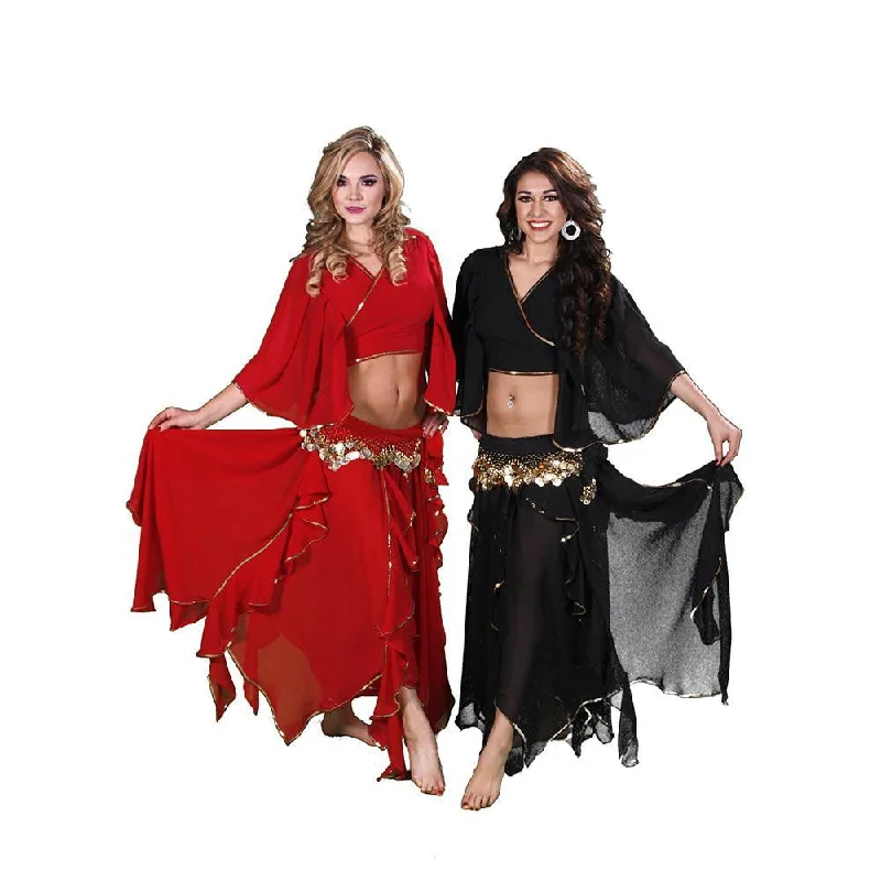 Belly Dance Chiffon Skirt, Top, & Hip Scarf Costume Set | TOURE JAMILA asymmetrical skirt cut