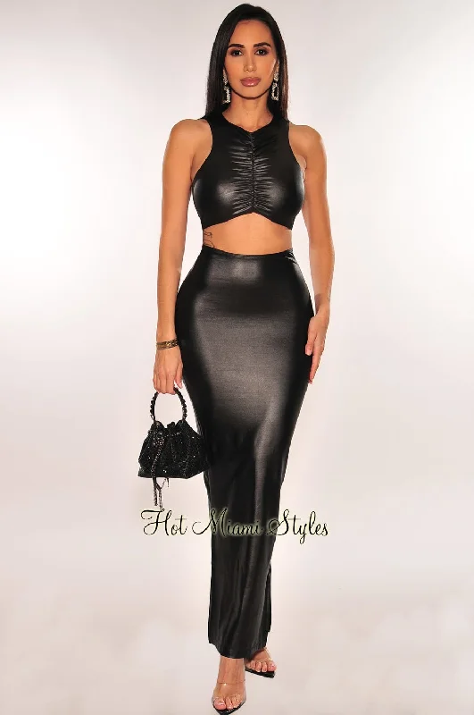 Black Faux Leather Ruched Sleeveless Double Slit Skirt Two Piece Set asymmetrical skirt cut