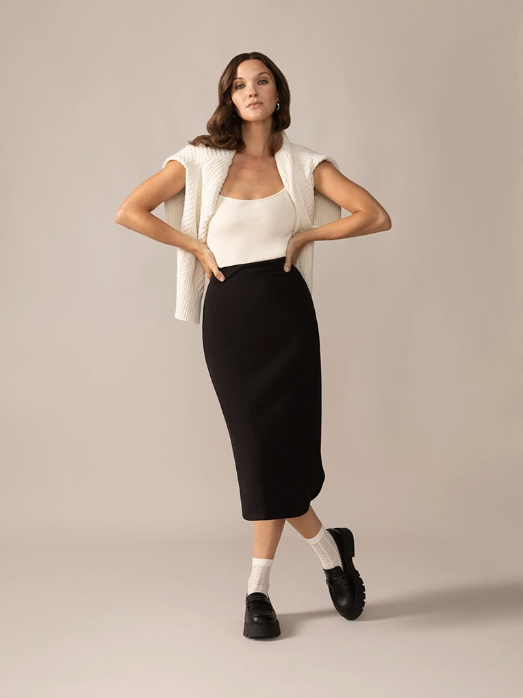 Slip-On Ease Knit Jogger Skirt in Black summer skirt style