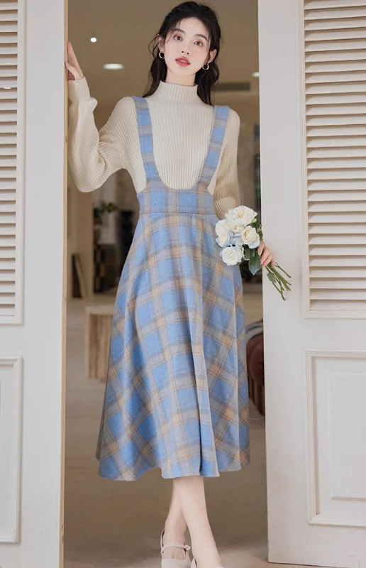 Frozen Plaid Sweater & Suspender Skirt Set (Blue/White) linen skirt relaxed