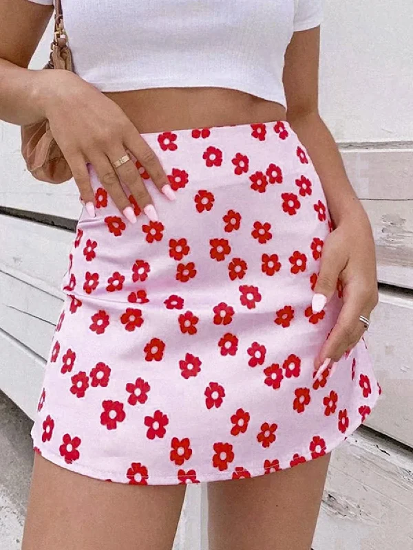 Kitty Floral Short Skirt - Pink corduroy skirt textured