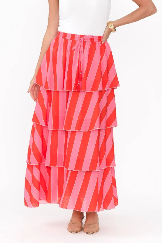 Magritte Pink Stripe Cotton Tiered Skirt cashmere skirt plush