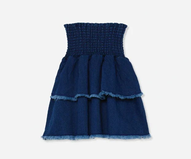 MY LITTLE COZMO BLUE DENIM SMOCKED LAYER MINI SKIRT a-line skirt cut