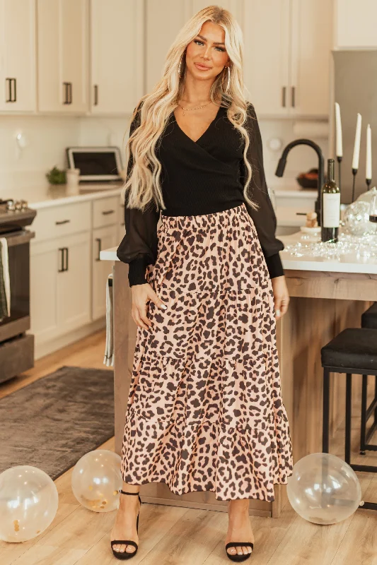 Nude Leopard Print Tiered Ruffle Maxi Skirt linen skirt light