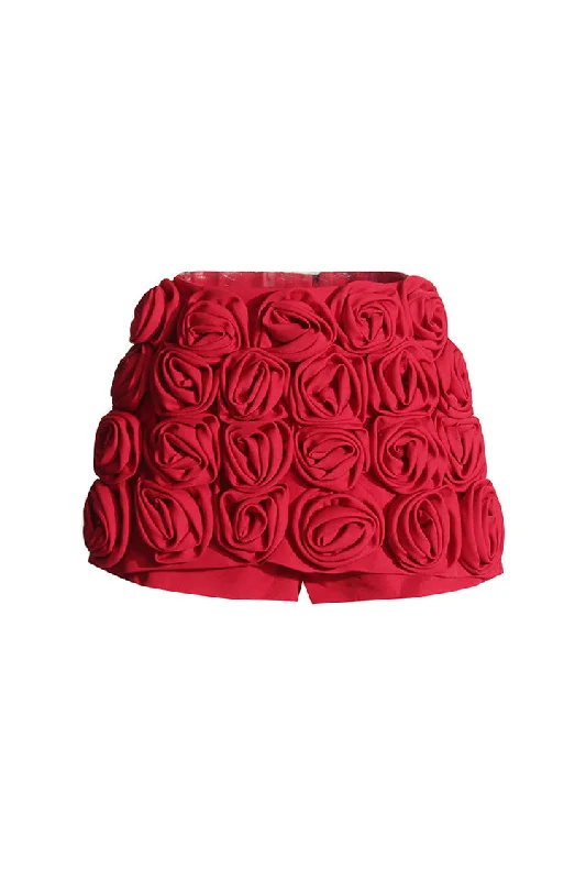 Romantic Tomato Red 3D Rosette High Waist Bodycon Micro Skorts linen skirt relaxed