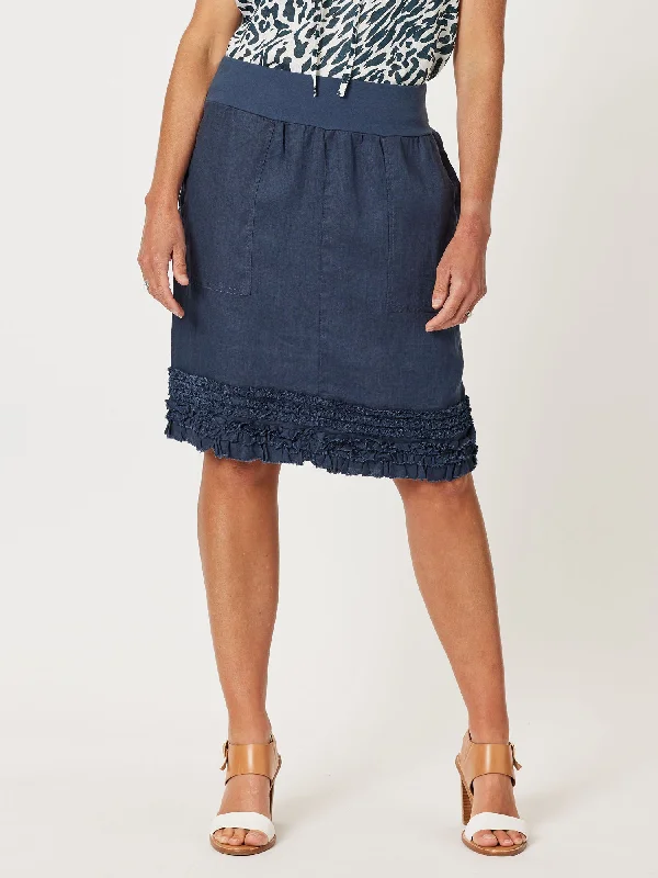 Mimi Linen Ruffle Hem Skirt - Navy wool skirt breathable