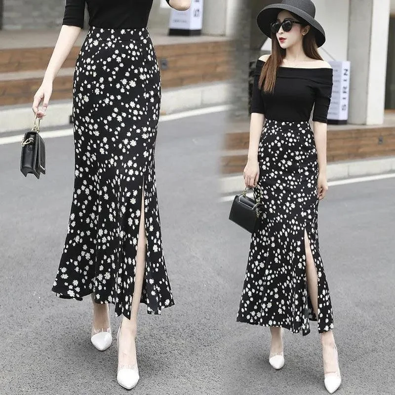 Small Daisy Slit Fishtail Skirt Floral Half-length Skirt Female Summer High Waist A-line Bag Hip Long Skirt Chiffon Bag Hip Slit Skirt / Bag Hip Skirt velvet skirt luxurious