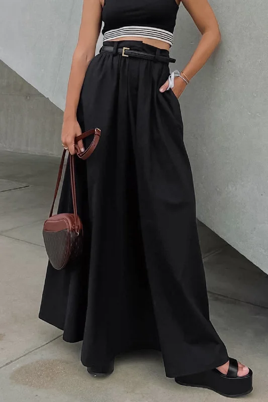 Solid Color High Waist A-Line Maxi Skirt leather skirt modern