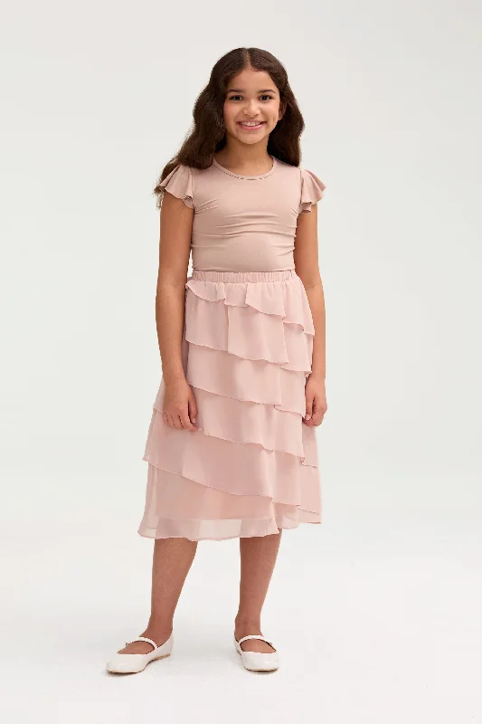 Tasnima Tiered Chiffon Skirt & Top Set (Girls) pleated skirt texture