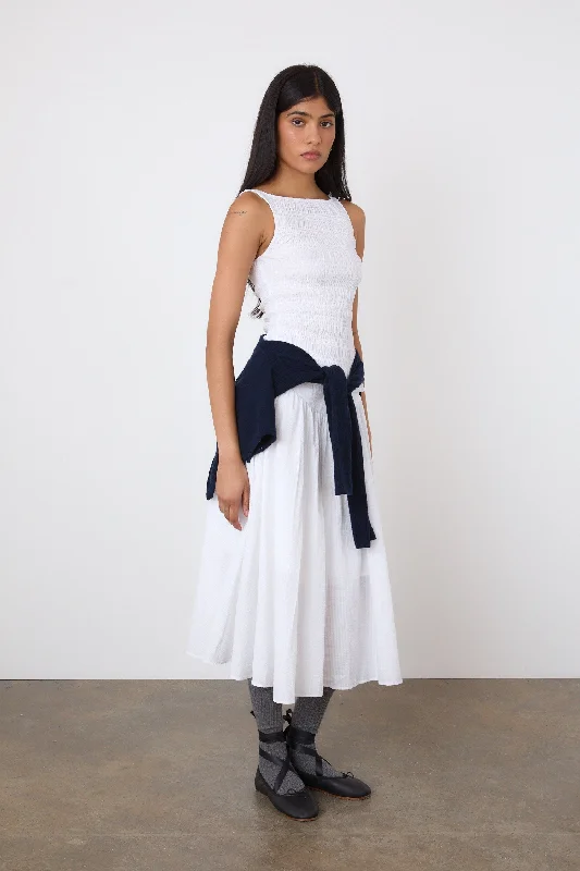 The Deba Seersucker Midi Skirt, Porcelain ruffled skirt detail