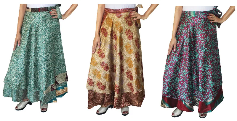 Two Layers Women's Indian Sari Magic Wrap Around Wholesale 3 Pcs Lot Long Skirt lightweight skirt design