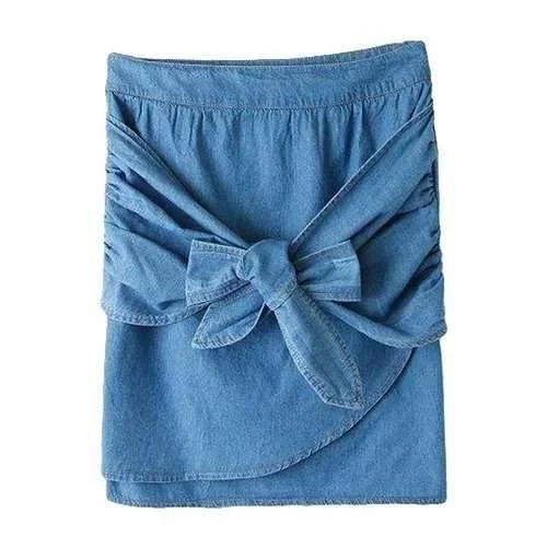 Stylish High Waisted Blue Denim Self-Tie Women's Skirt - Blue L vintage skirt charm