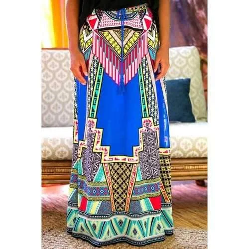 Stylish Drawstring Geometric Print Women's Skirt - Blue S maxi skirt elegant