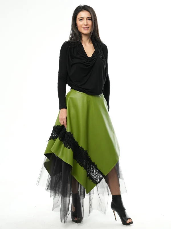 Green Vegan Leather Skirt with Black Tulle cotton skirt soft